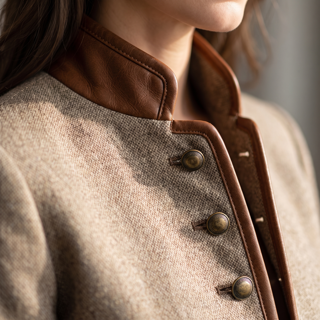 Détail du col montant bordé de simili-cuir marron et des boutons métalliques bronze sur le devant en tweed. 4
