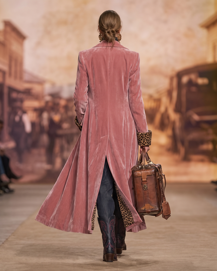 Vue de dos du manteau rose en velours, avec sa fente centrale et sa doublure léopard visible, portée par un mannequin sur un podium. 4