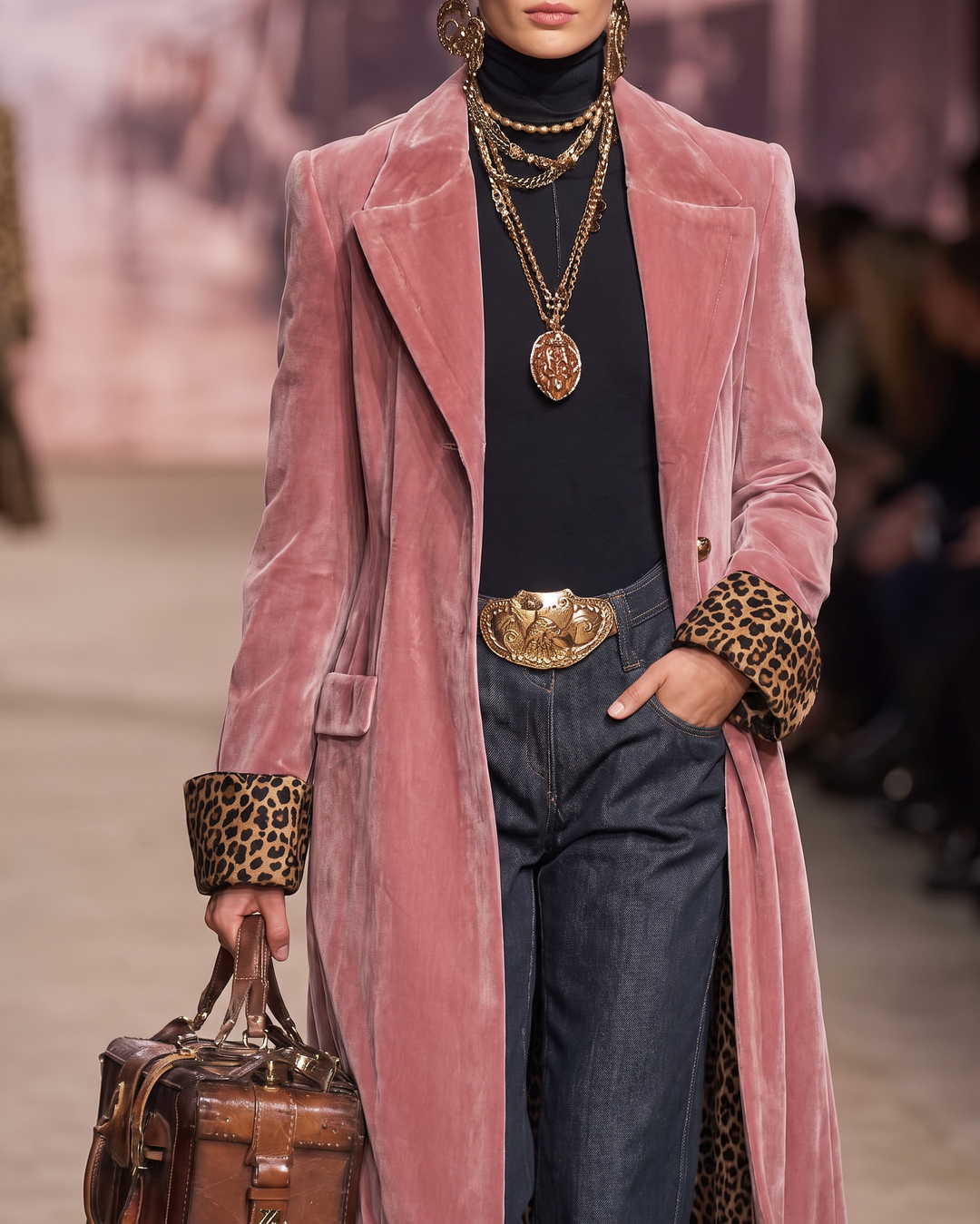 Gros plan sur le buste du manteau rose en velours : large revers cranté, poignets retournés imprimé léopard, ceinture dorée et sautoirs. 5