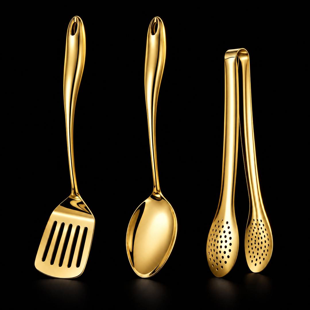 Spatule à fentes, cuillère et pince perforée en finition dorée brillante sur fond noir. 15
