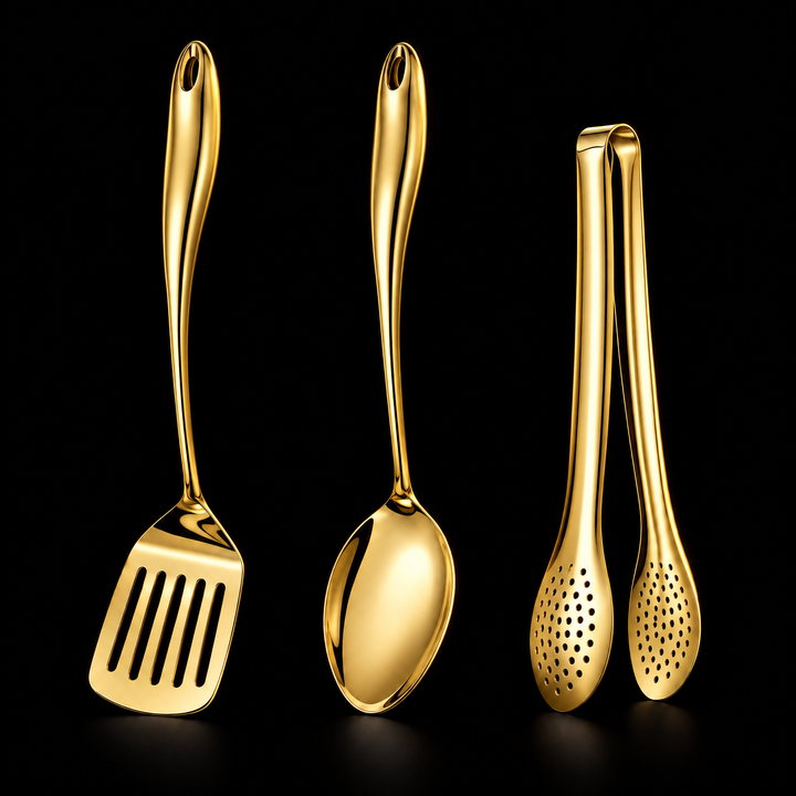 Spatule à fentes, cuillère et pince perforée en finition dorée brillante sur fond noir. 15
