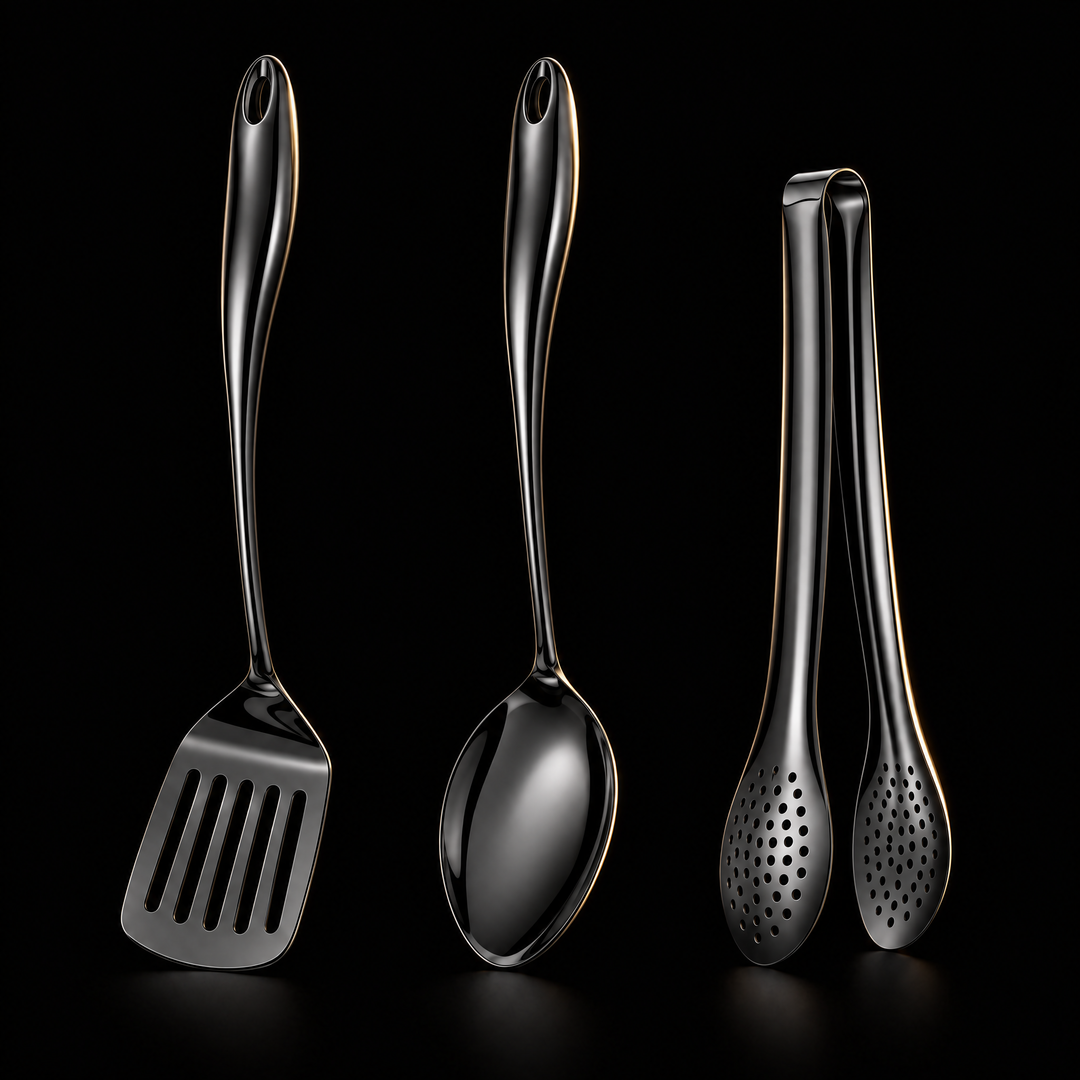 Spatule à fentes, cuillère et pince perforée en finition noire brillante aux reflets métalliques sur fond noir. 19
