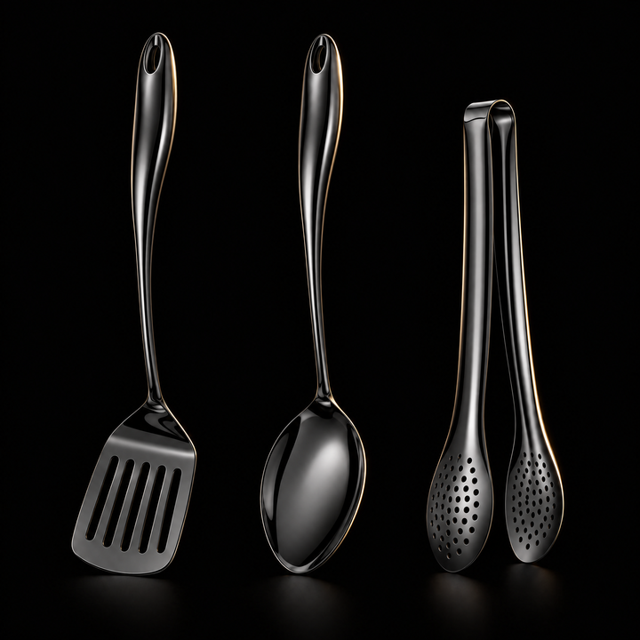 Spatule à fentes, cuillère et pince perforée en finition noire brillante aux reflets métalliques sur fond noir. 19