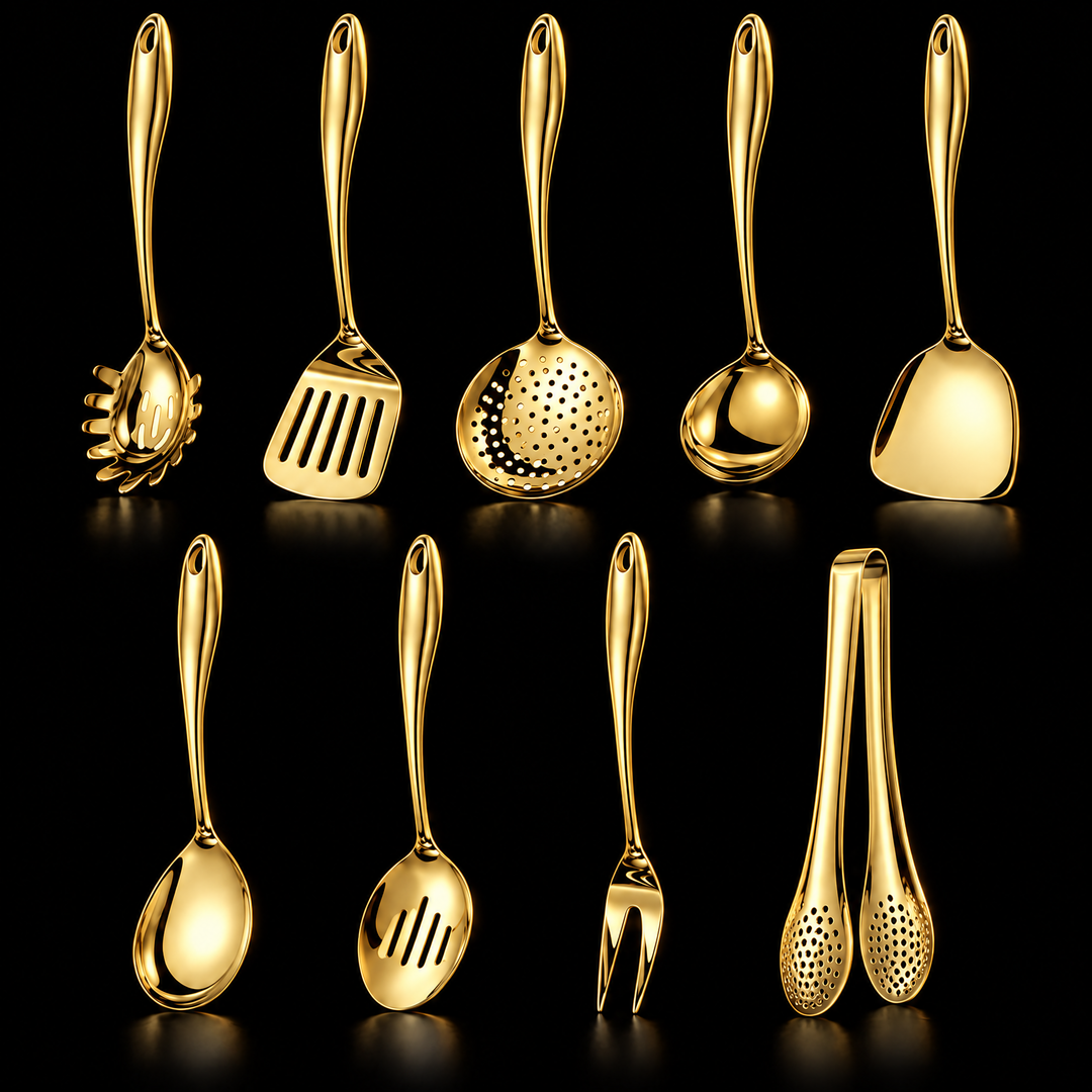 Neuf ustensiles de cuisine dorés en deux rangées sur fond noir : écumoire, louche, spatules, cuillères, fourchette et pince. 17