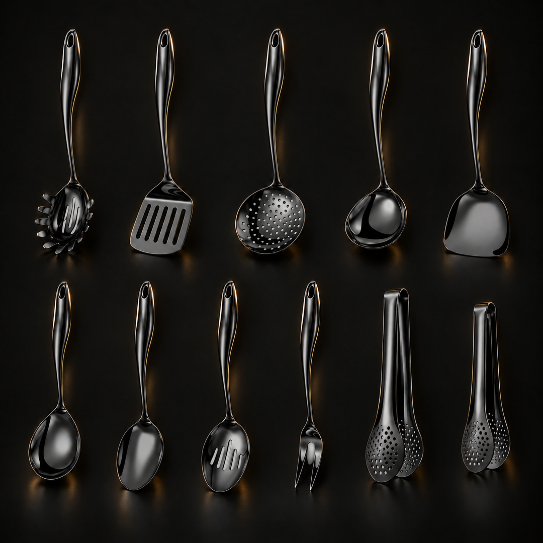Onze ustensiles noirs brillants sur fond sombre : cuillères, spatules, louche, écumoire, fourchette et deux pinces, vue d'ensemble du set complet. 22
