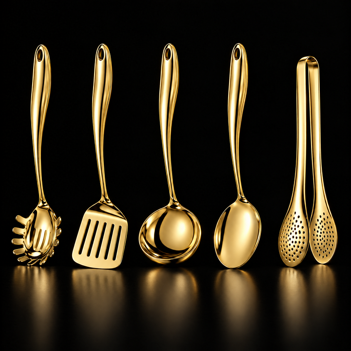 Cinq ustensiles de cuisine en finition dorée sur fond noir réfléchissant : cuillère à spaghetti, spatule, louche, cuillère et pince. 16