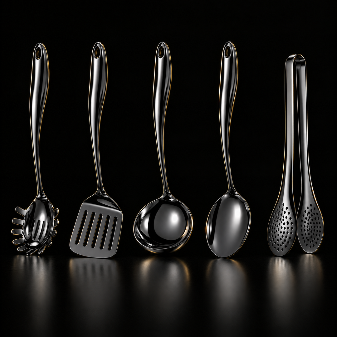 Cinq ustensiles en finition noire brillante sur fond noir réfléchissant : cuillère à spaghetti, spatule, louche, cuillère et pince. 20