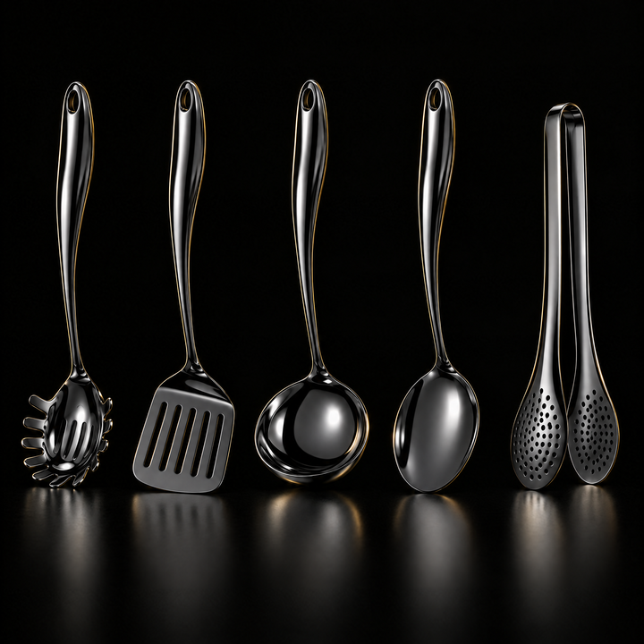 Cinq ustensiles en finition noire brillante sur fond noir réfléchissant : cuillère à spaghetti, spatule, louche, cuillère et pince. 20