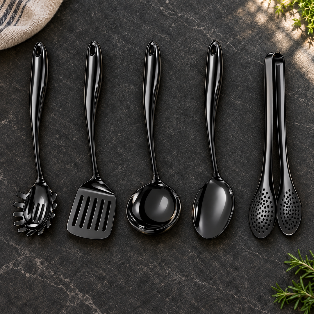 Cinq ustensiles noirs alignés sur une pierre sombre : cuillère à spaghettis, spatule ajourée, louche, cuillère et pince, avec torchon et herbes. 28