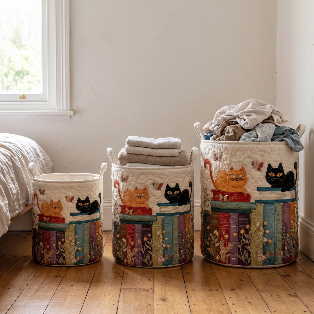 Trois paniers matelassés de tailles différentes alignés sur un parquet, remplis de serviettes pliées et de linge en vrac. 3