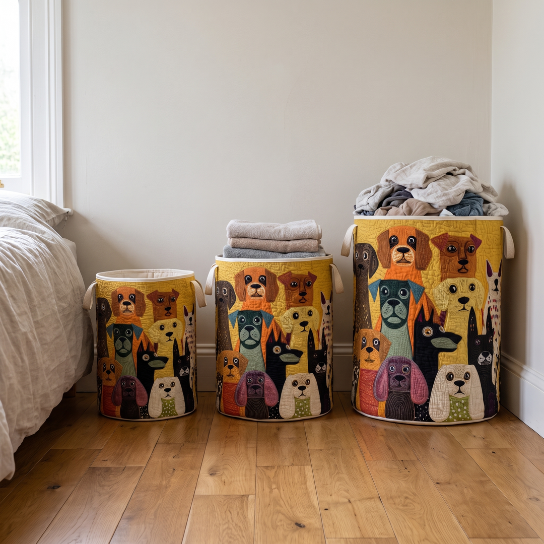 Trois paniers à motif de chiens de tailles croissantes alignés contre un mur, les deux plus grands remplis de linge. 3