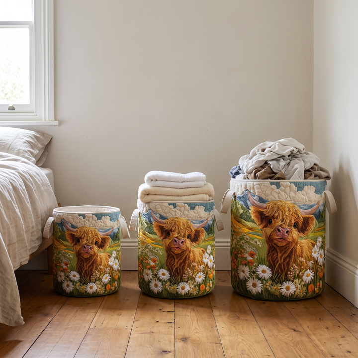 Trois paniers de tailles différentes alignés dans une chambre, l'un vide, l'un avec des serviettes pliées, l'autre débordant de linge. 3