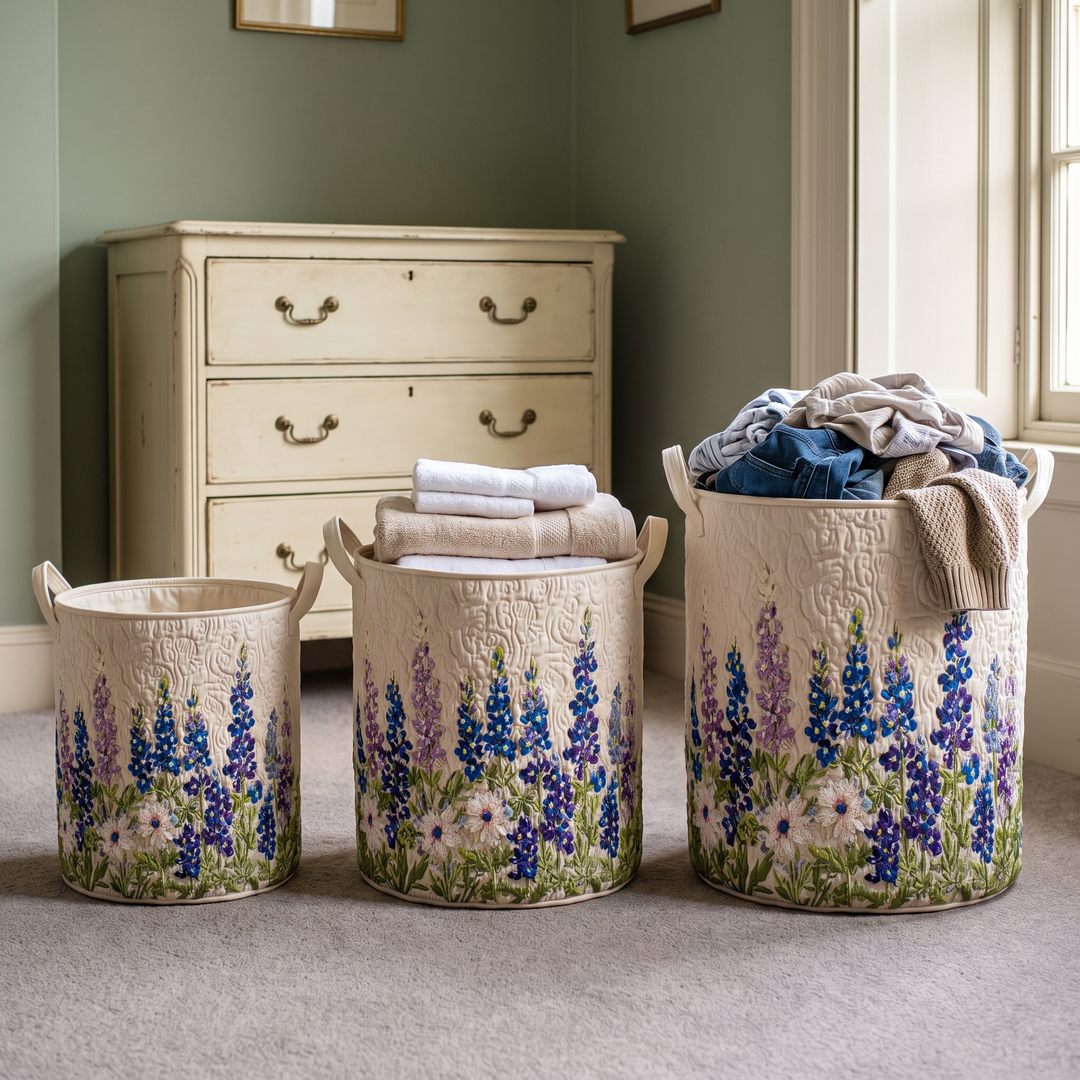 Trois paniers brodés de fleurs de tailles différentes alignés sur une moquette devant une commode ancienne, remplis de serviettes et de vêtements. 3
