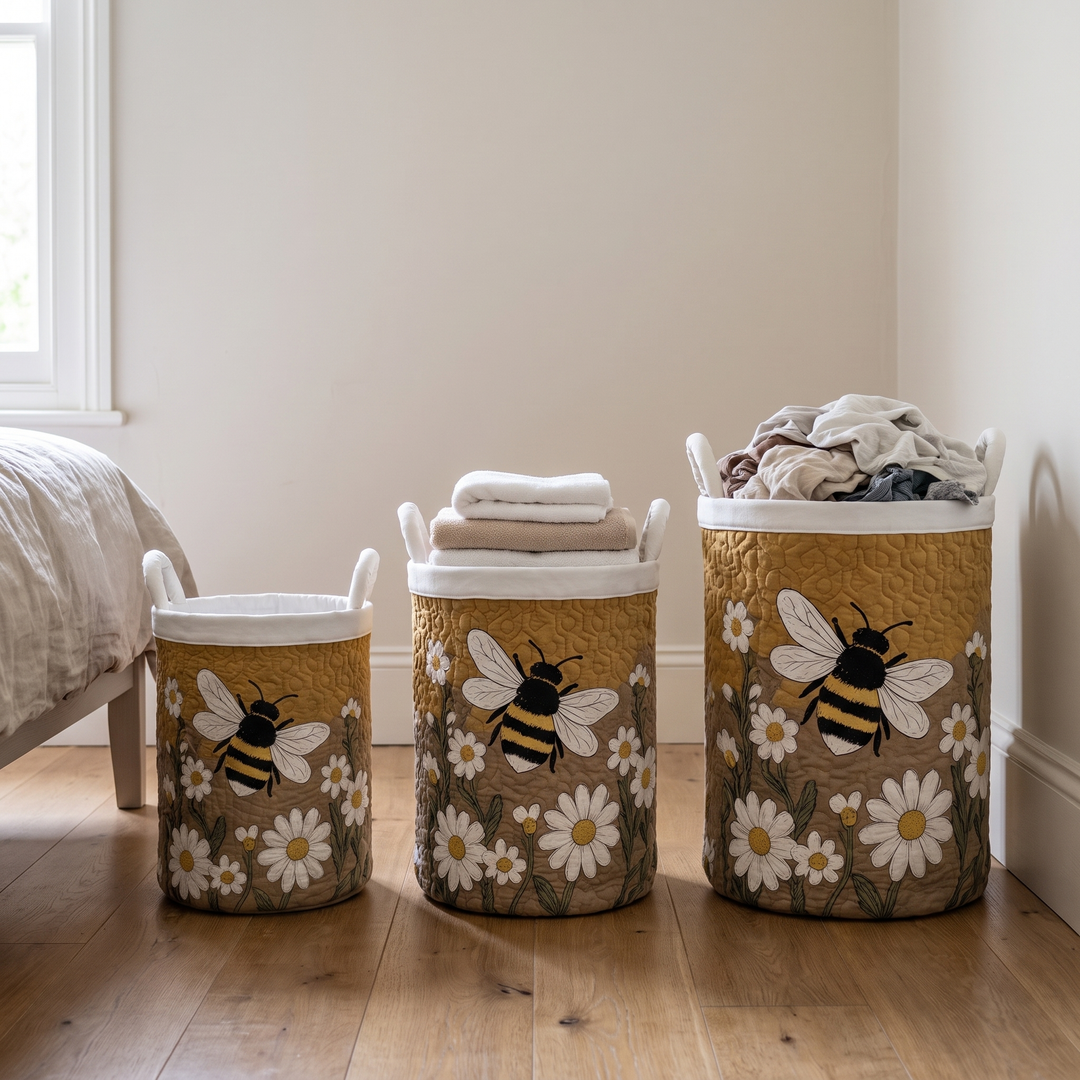 Trois paniers de tailles différentes alignés dans une chambre, l'un vide, l'un avec des serviettes pliées, l'autre rempli de linge. 4
