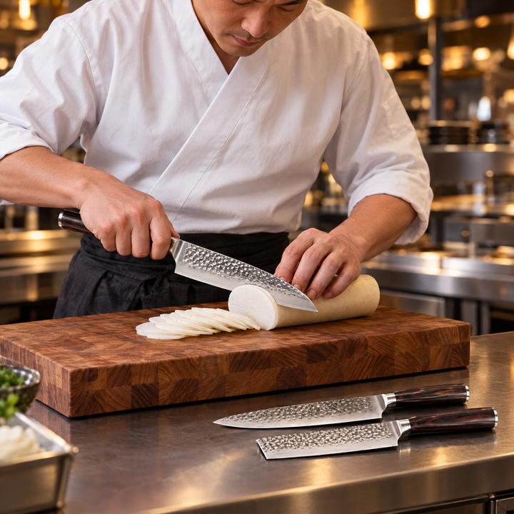 Cuisinier en tenue blanche tranchant un radis blanc sur un billot en bois avec l'un des couteaux 5