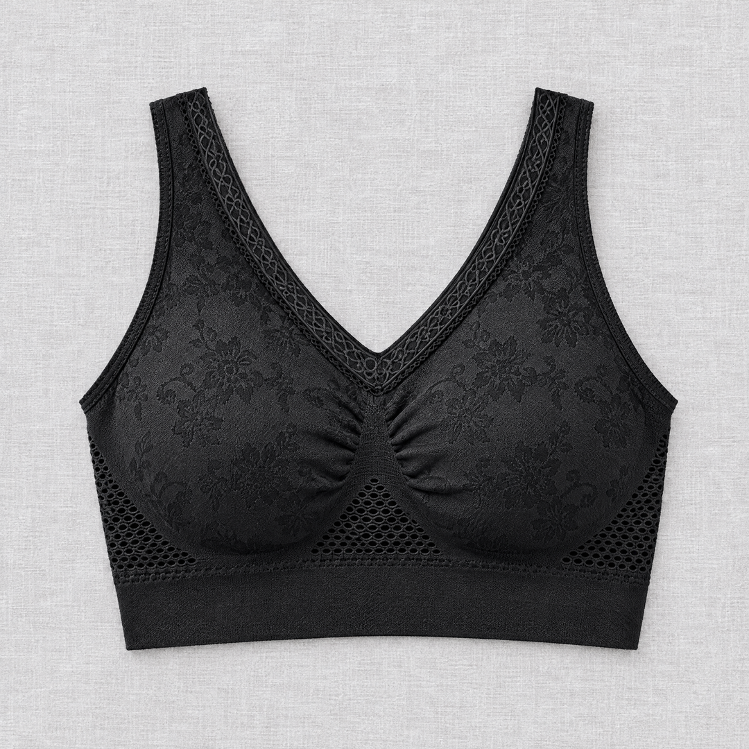Soutien-gorge noir vu de face à plat, avec bordure en dentelle, motif floral et mailles ajourées 3