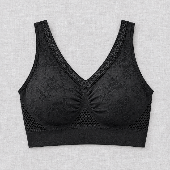Soutien-gorge noir vu de face à plat, avec bordure en dentelle, motif floral et mailles ajourées 3