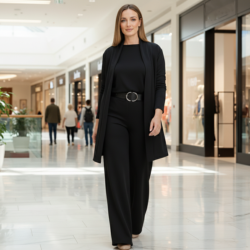 Femme en ensemble noir complet avec ceinture à boucle ronde, debout dans une galerie commerçante lumineuse au sol clair. 7