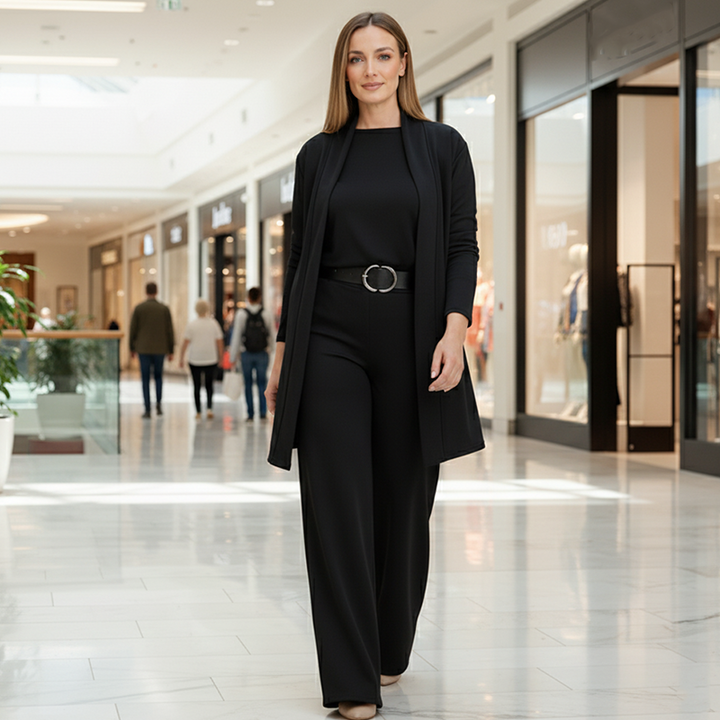 Femme en ensemble noir complet avec ceinture à boucle ronde, debout dans une galerie commerçante lumineuse au sol clair. 7
