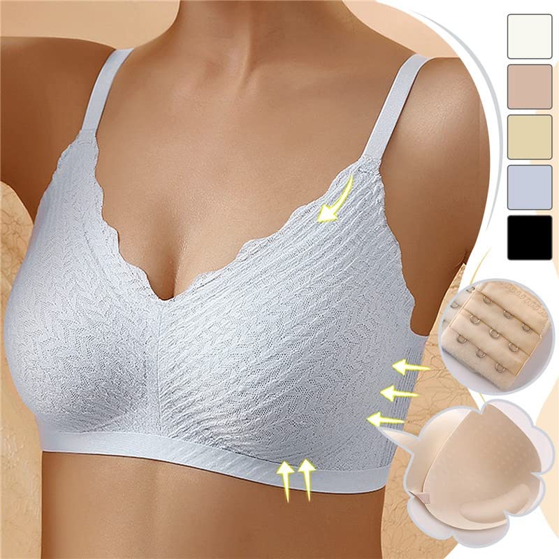 Brassière bleu clair portée, avec palette de cinq coloris, détail des crochets de fermeture et coque amovible beige. 8