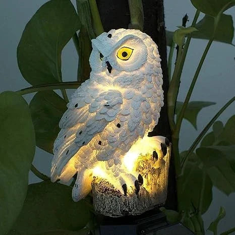 Gros plan sur un hibou blanc allumé, à l'œil jaune, perché sur sa souche au milieu d'un feuillage vert. 8