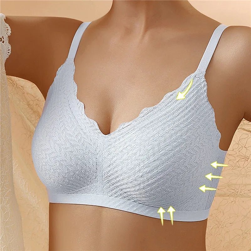 Brassière bleu clair portée de face, avec flèches jaunes indiquant le maintien sur les côtés et sous la poitrine. 5