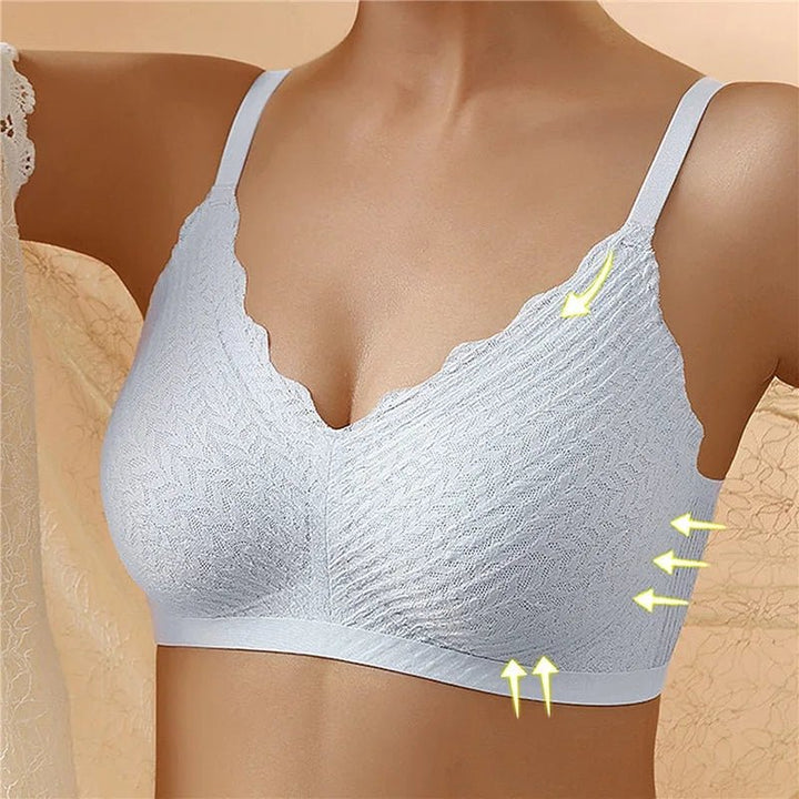 Brassière bleu clair portée de face, avec flèches jaunes indiquant le maintien sur les côtés et sous la poitrine. 5