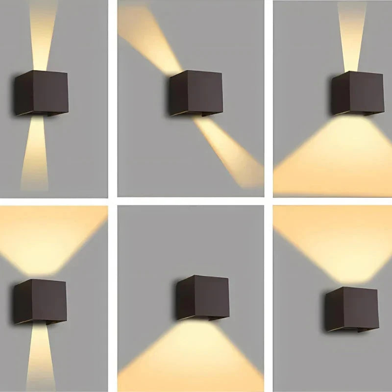 Six schémas montrant les angles de faisceau réglables d'une applique cubique brune sur fond gris : vers le haut, le bas ou en biais. 14