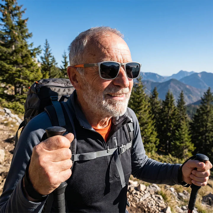 Randonneur aux cheveux gris et à la barbe courte portant les lunettes en montagne, avec sac à dos et bâtons de marche. 5