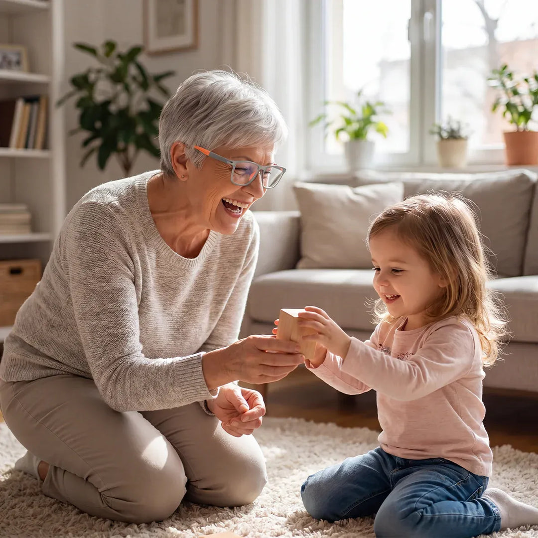 Grand-mère aux cheveux gris portant les lunettes, souriante, qui joue avec une petite fille sur un tapis dans un salon. 4