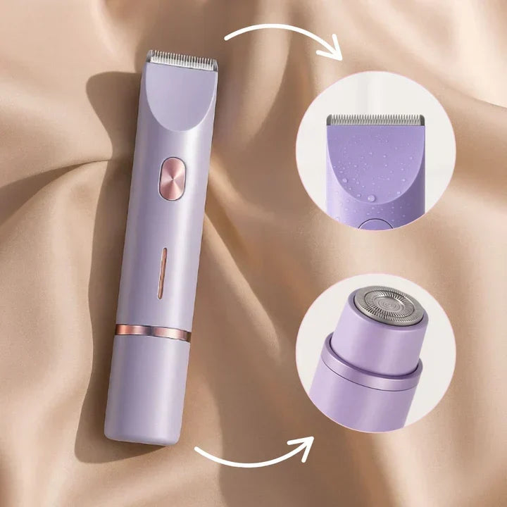 Appareil lilas posé sur un tissu beige, avec deux gros plans: la tête de tonte éclaboussée et la tête de rasage ronde. 12
