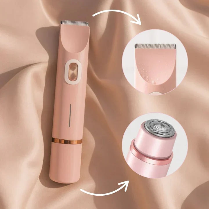 Appareil rose posé sur un tissu beige, avec deux gros plans: la tête de tonte à gouttelettes et la tête de rasage ronde. 3