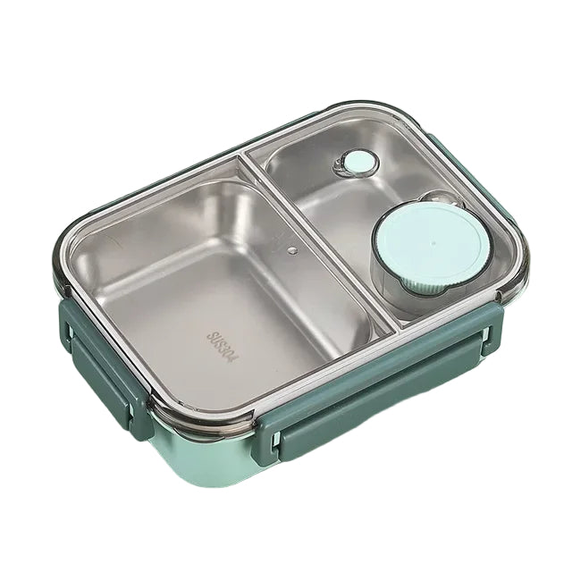 Boîte bento en acier inoxydable à deux compartiments avec couvercle transparent, fermoirs et petit pot, version vert menthe, vue en perspective. 1