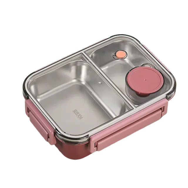 Boîte bento en acier inoxydable à deux compartiments avec couvercle transparent, fermoirs et petit pot, version rose, vue en perspective. 3