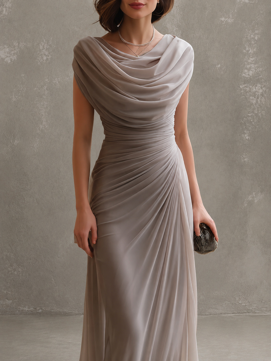 Gros plan sur le buste de la robe taupe, avec le col bénitier drapé et les plis en biais sur la taille. 7