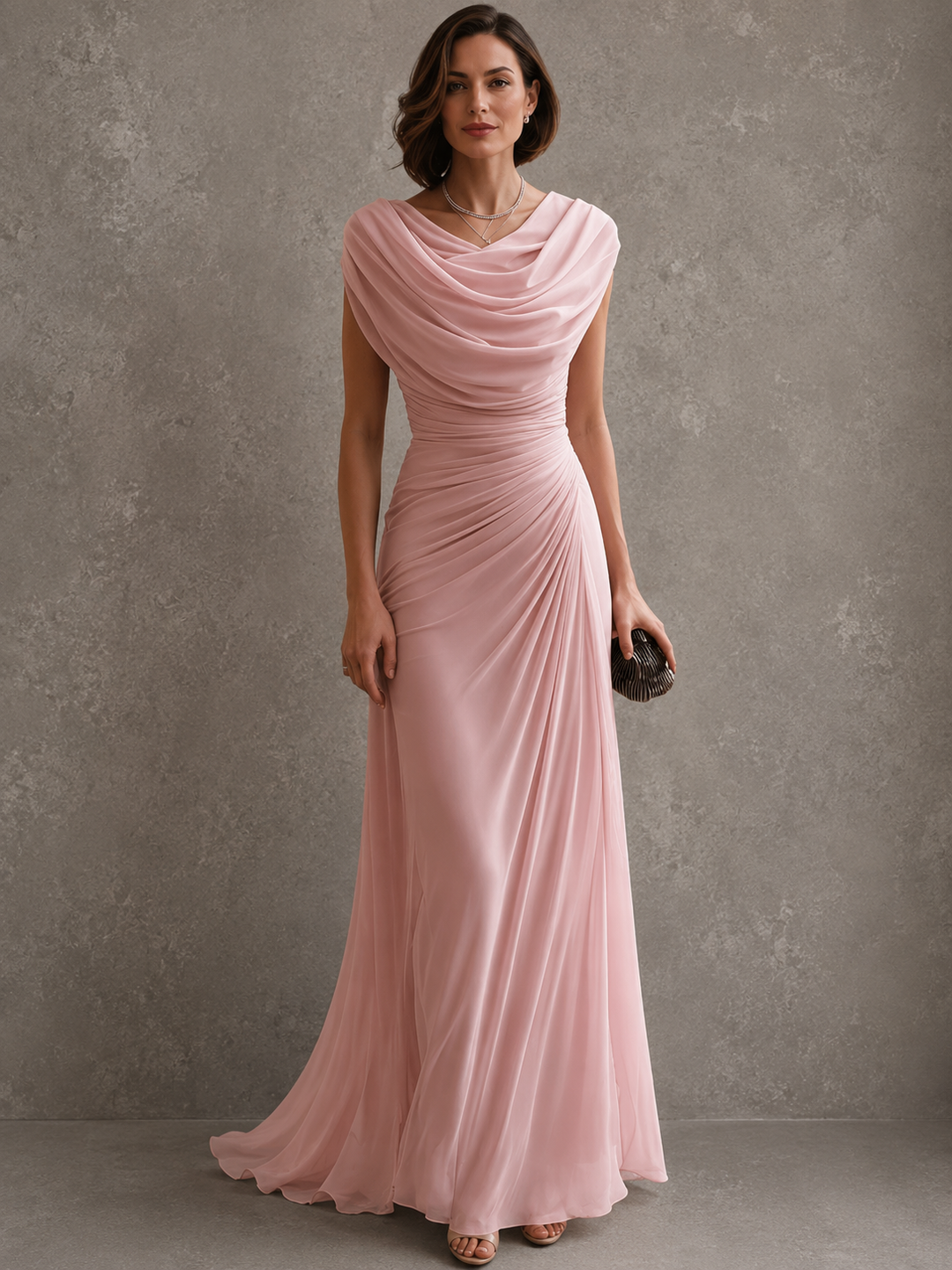 Mannequin en pied portant la robe rose pâle au col drapé, buste plissé en biais et longue jupe légère. 3