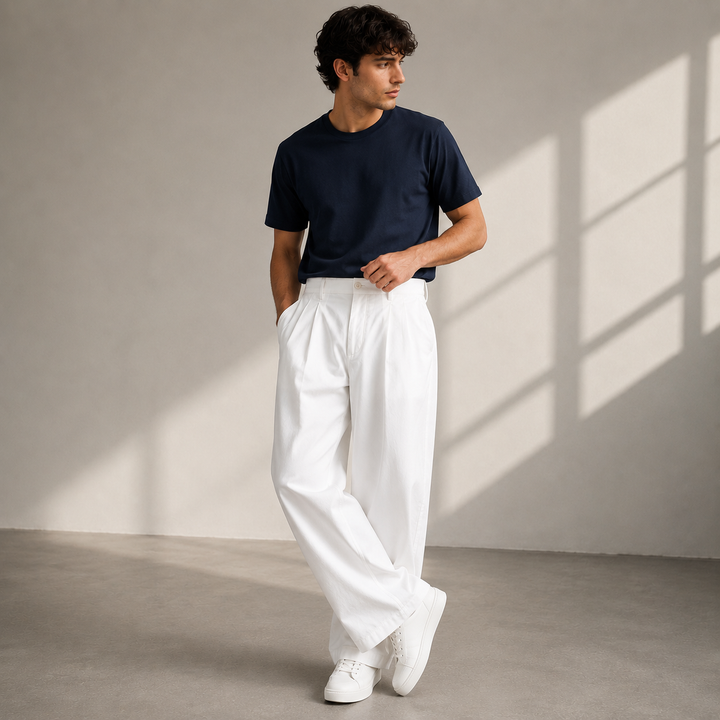 Version blanche du pantalon à plis portée par un homme en tee-shirt bleu marine et baskets blanches, une main dans la poche. 1