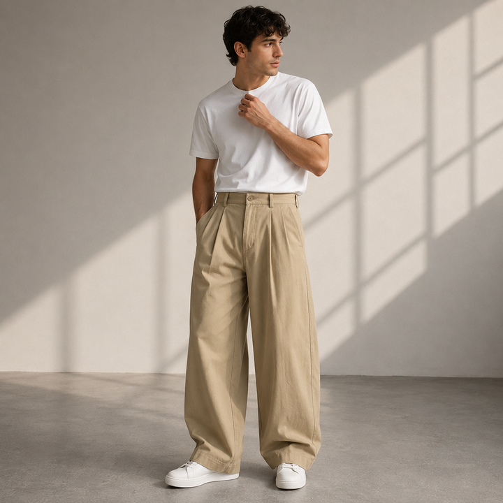 Version beige sable du pantalon à plis et taille haute, portée avec un tee-shirt blanc et des baskets blanches. 3