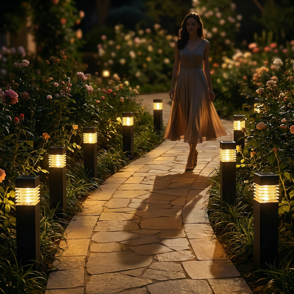 Allée de pierre sinueuse bordée de rosiers et de bornes lumineuses à la lueur chaude, avec une femme en robe au loin. 2