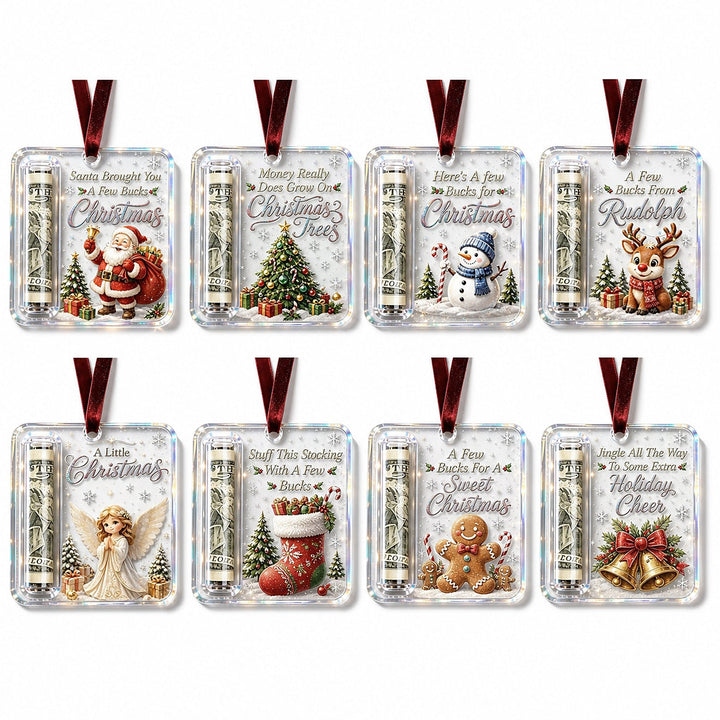 Planche de huit suspensions en acrylique aux motifs de Noël variés : Père Noël, sapin, bonhomme de neige, renne, ange, chaussette, pain d'épice, cloches. 13
