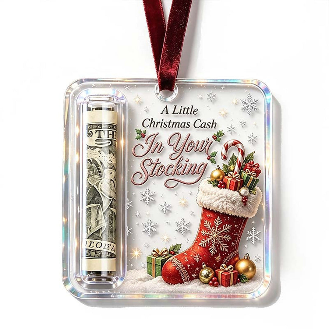 Suspension représentant une grande chaussette de Noël rouge remplie de cadeaux et d'une canne en sucre d'orge, billet roulé à gauche. 19