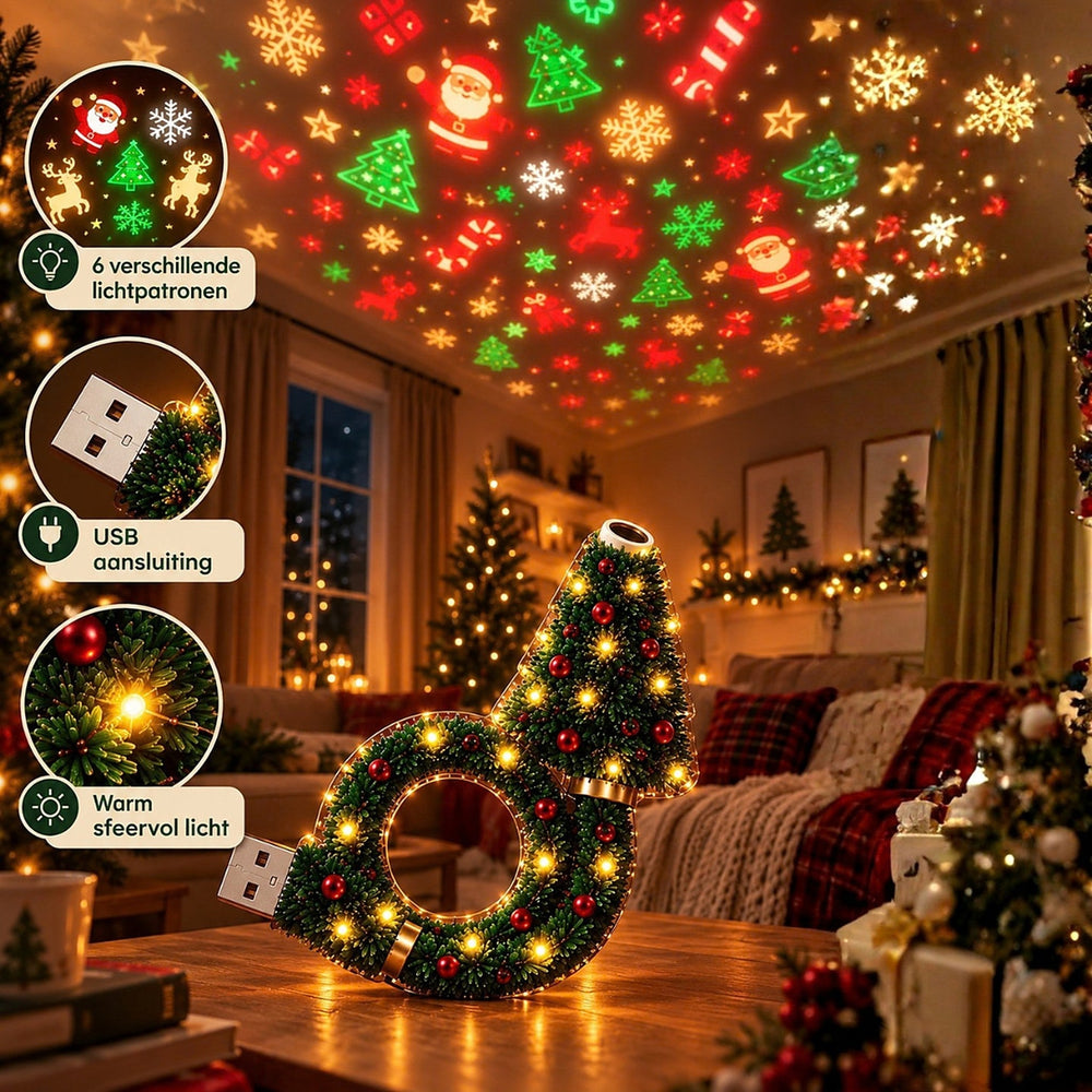 Lampe posée sur une table dans un salon de Noël, projetant au plafond des motifs de père Noël, sapins et flocons, avec gros plans. 2