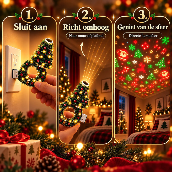 Trois étapes d'utilisation en images : brancher la lampe, l'orienter vers le haut, puis profiter des motifs de Noël projetés au plafond. 3