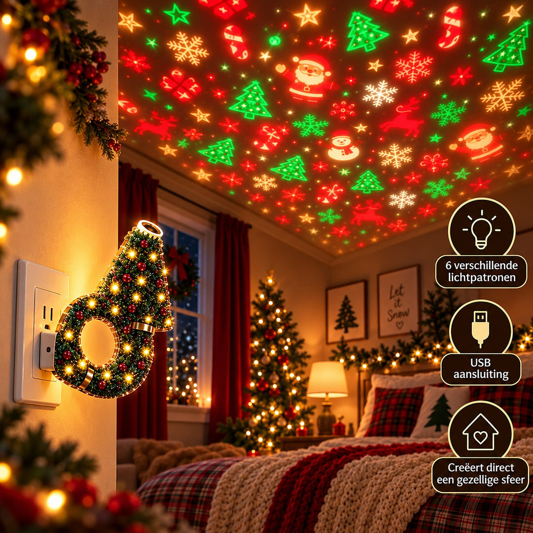 Lampe branchée à une prise murale dans une chambre décorée, projetant au plafond des motifs de père Noël, sapins, rennes et étoiles. 4
