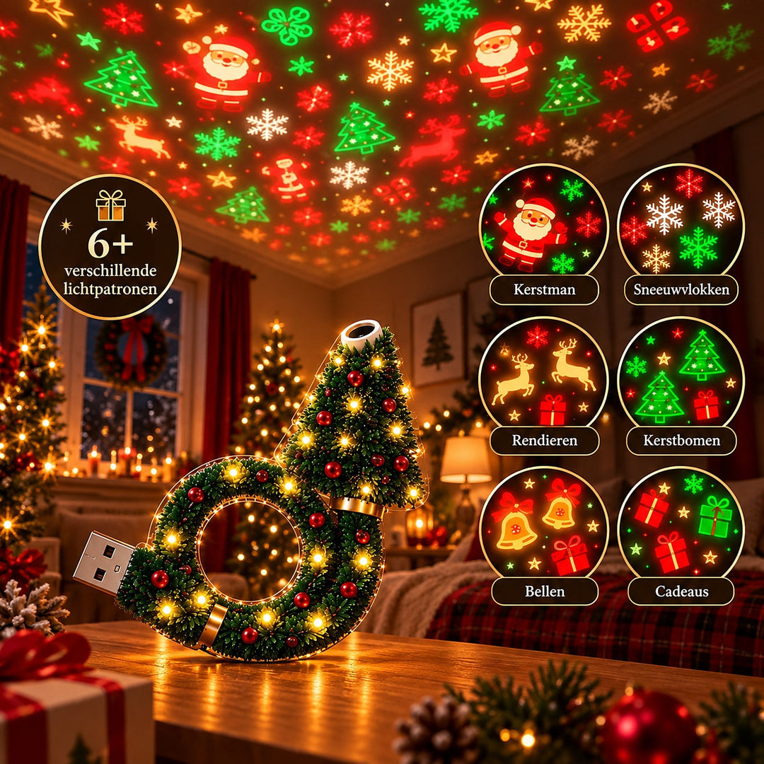 Lampe posée sur une table devant un décor de Noël, avec six cercles montrant les motifs projetés : père Noël, flocons, rennes, sapins, cloches, cadeaux. 5