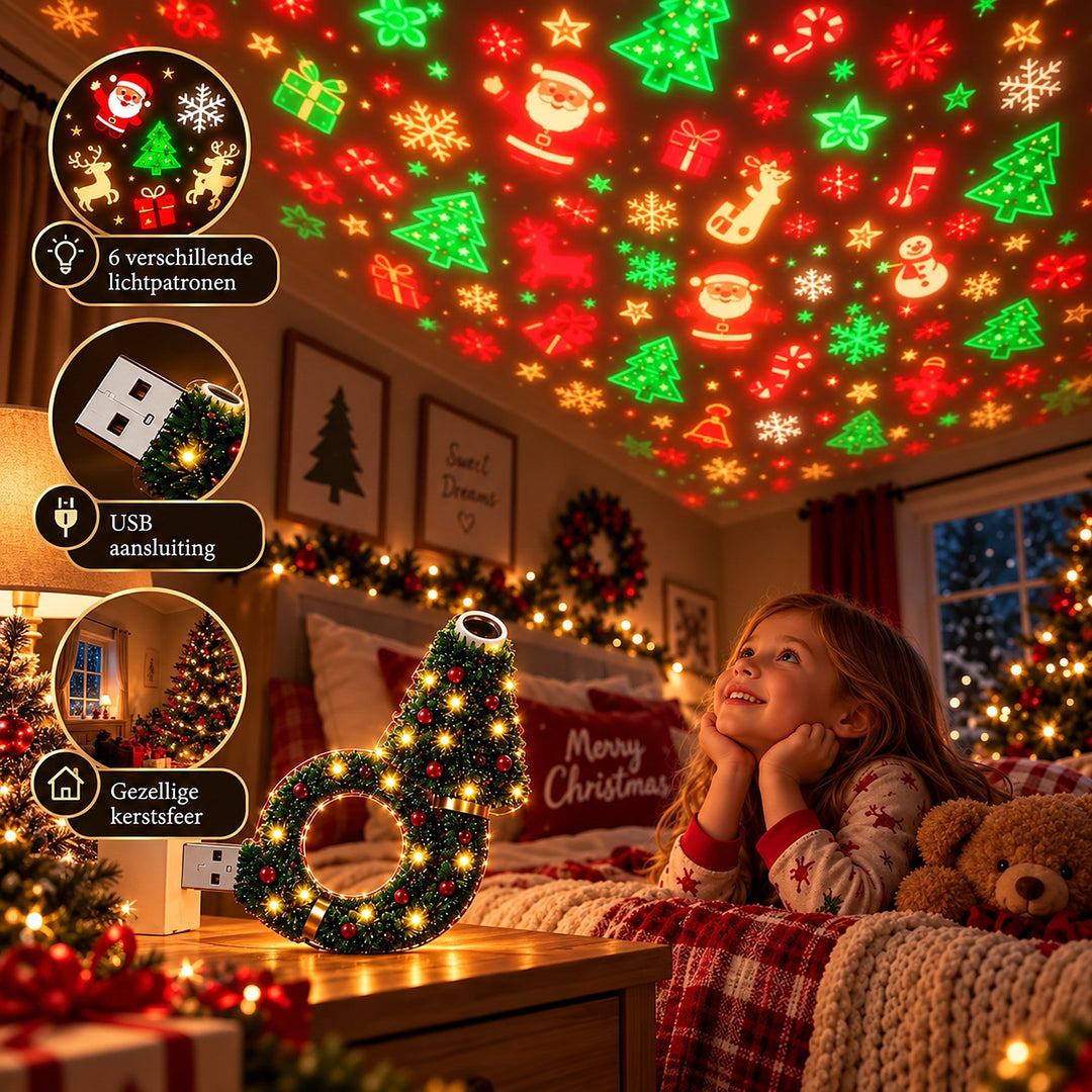 Enfant allongée sur un lit, souriante, regardant les motifs de Noël projetés au plafond par la lampe posée sur la table de chevet. 6