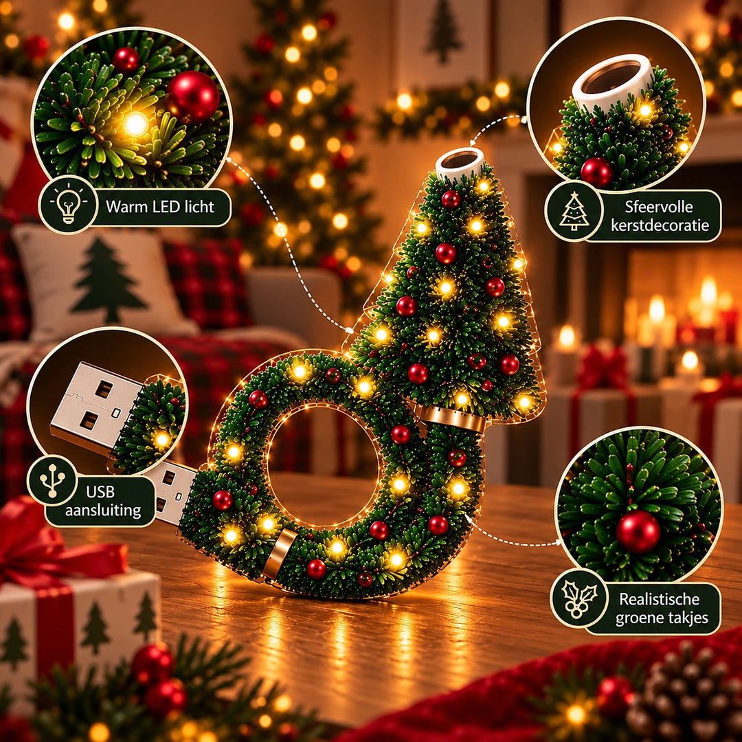 Lampe allumée sur une table avec quatre gros plans : lumière LED chaude, tête de projection, prise USB et branches vertes avec boule rouge. 8