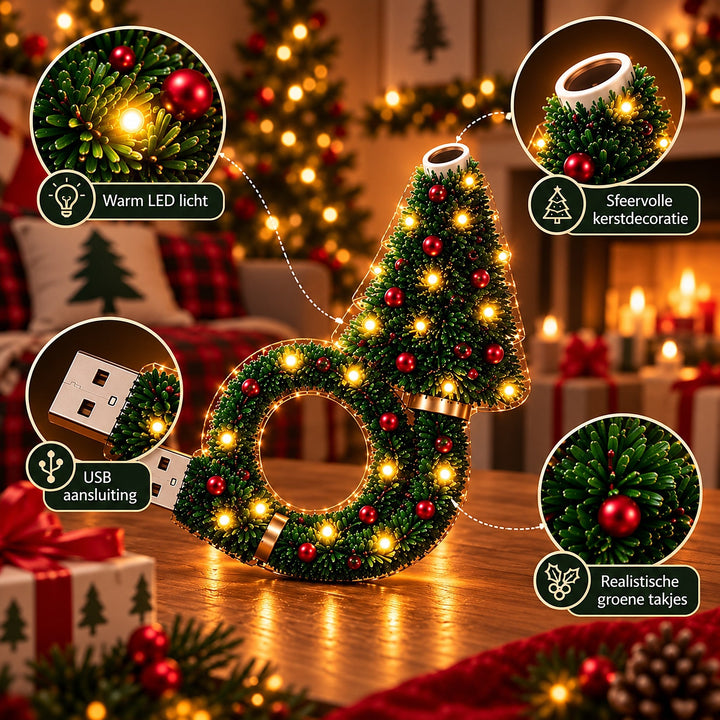 Lampe allumée sur une table avec quatre gros plans : lumière LED chaude, tête de projection, prise USB et branches vertes avec boule rouge. 8