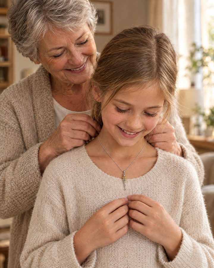 Une grand-mère souriante attache le collier autour du cou de sa petite-fille, qui porte un pull clair et regarde le pendentif. 4