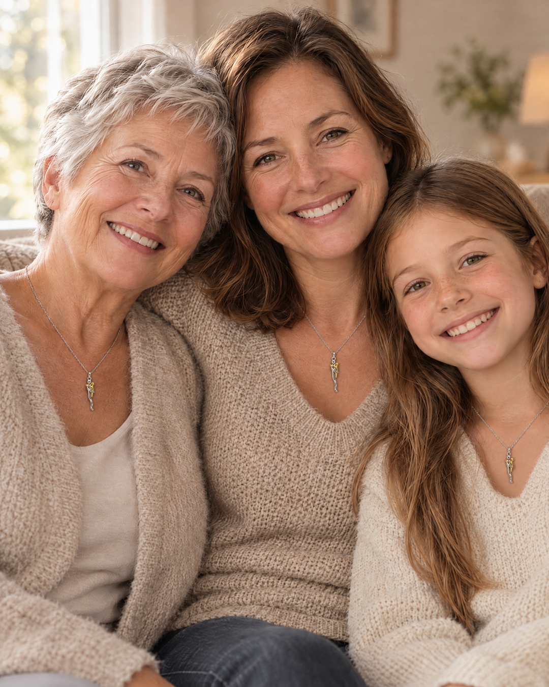 Grand-mère, mère et fille souriantes, serrées l'une contre l'autre sur un canapé, portent chacune le même collier au pendentif d'enlacement. 5